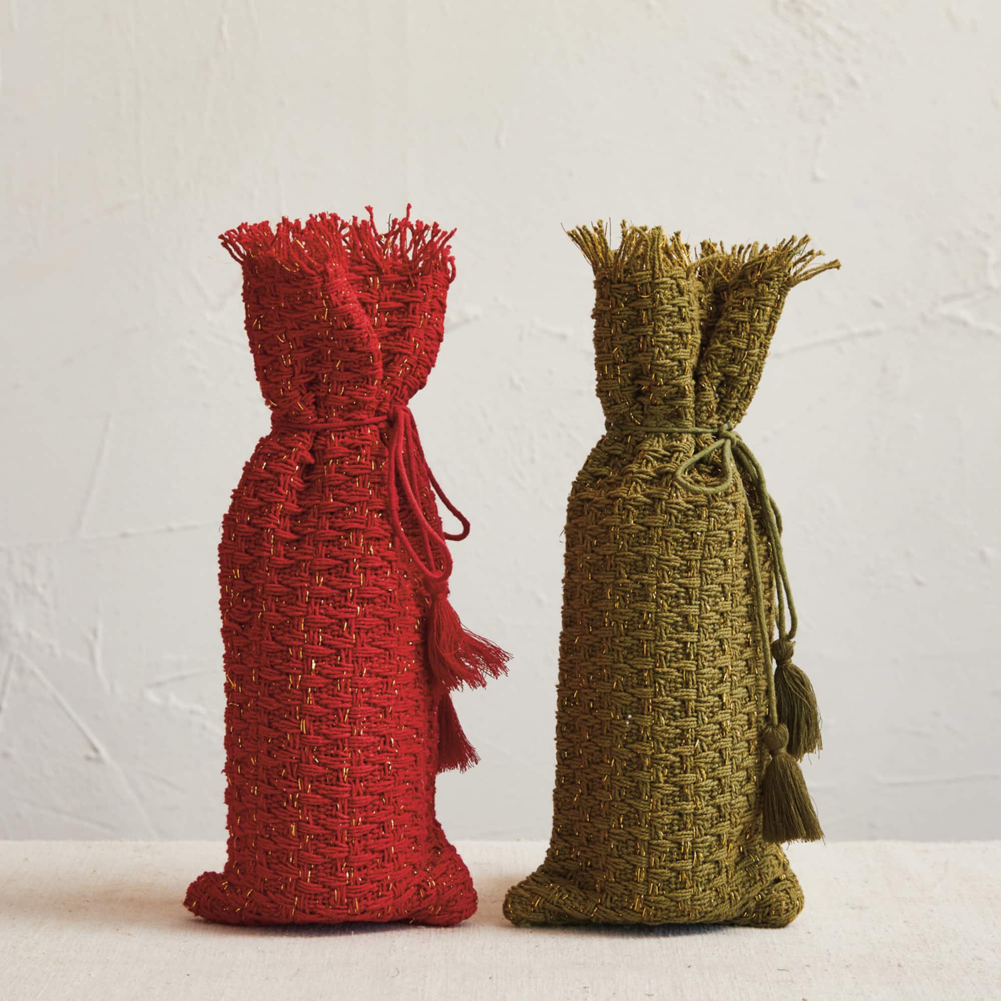 Hello Honey Green & Red Woven Cotton Wine Bag with Metallic Gold Thread & Tassels, 2ct.
